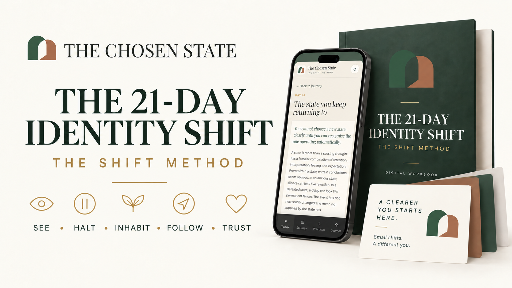 The 21-Day Identity Shift shown as an interactive mobile experience and digital workbook
